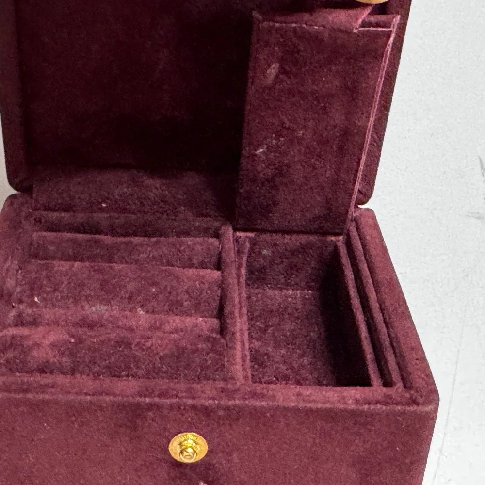 Vtg Burgundy Velvet Jewelry Box Gold Stripe Snap Closure Travel Case Organizer